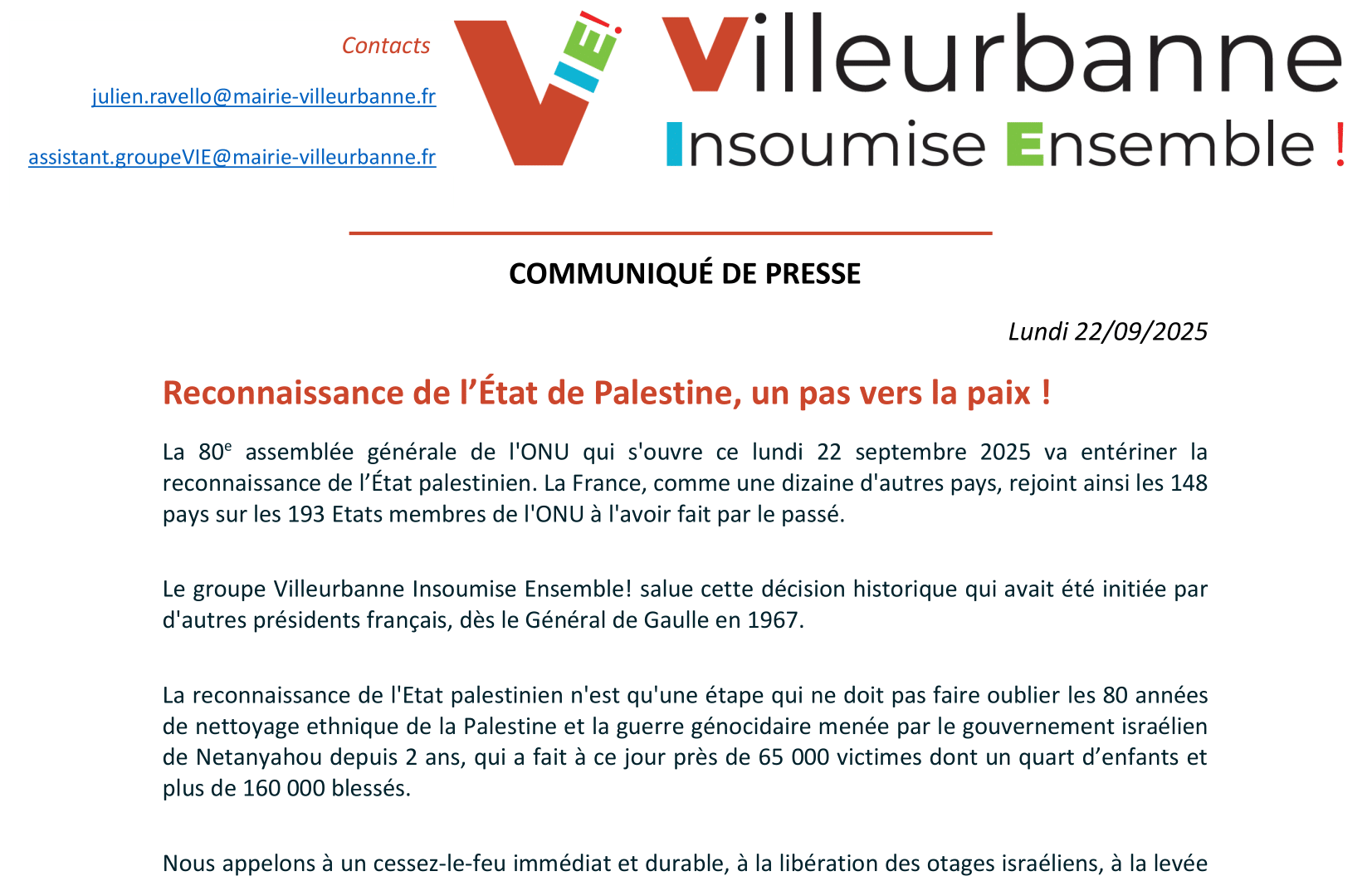 Reconnaissance de l’État de Palestine, un pas vers la paix !